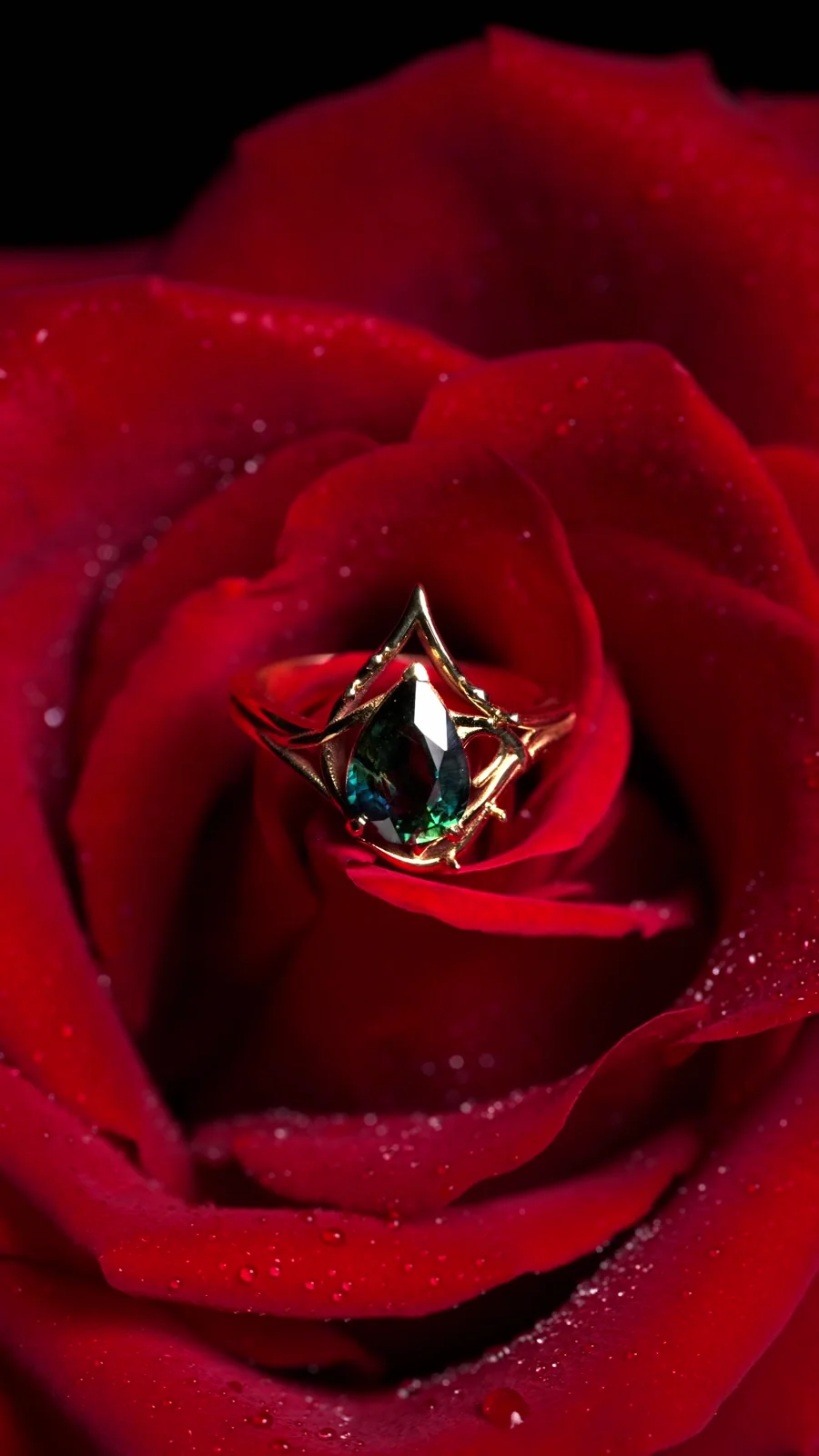 Mystique Dark Rose, the finished ring resting on a red rose